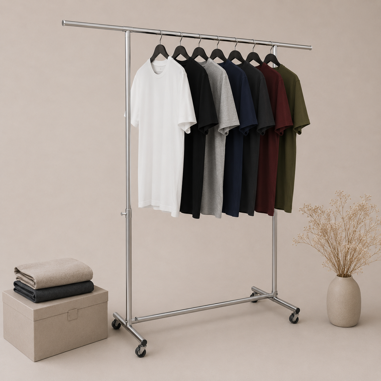 Indendørs tøjstativer i butik med tøj på bøjler