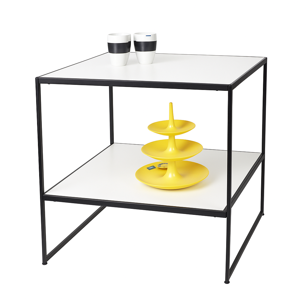 HAPPY! Opläggsbord med vita melaminsskivor. B74 x D74 x H82 cm.