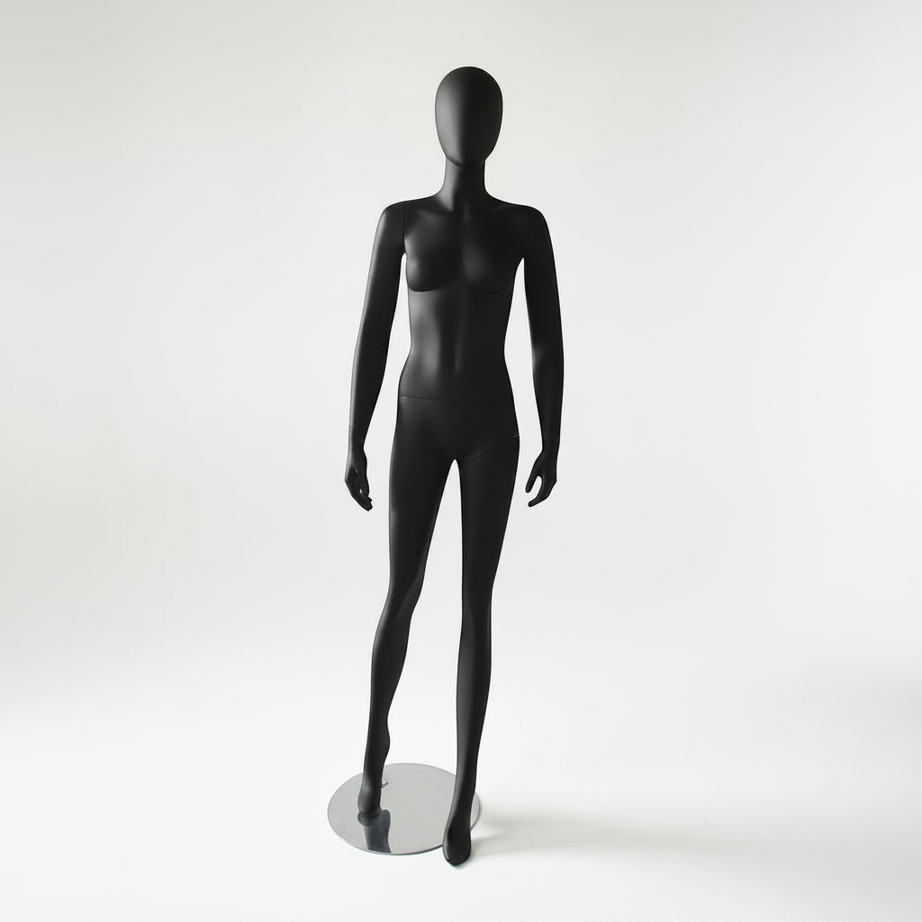 1300 Faceless dammannequin. Svart med huvud (ägg). Rund metallfot. H 180 cm. Modell A