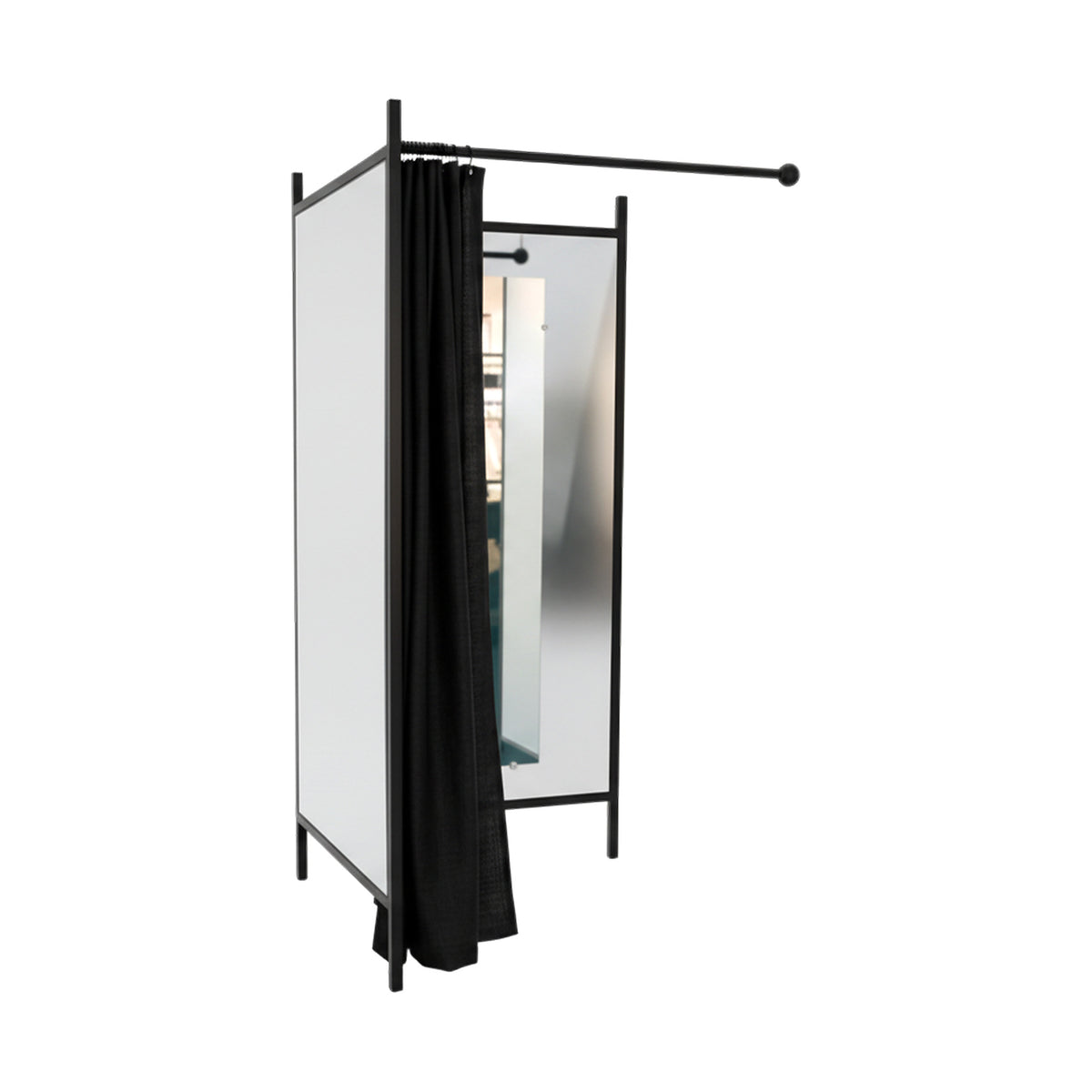 2-sidet prøverum. Sæt med stel i sort, inkl.1 forhæng i sort, plade i hvid. B 100 x D100 x H 210 cm.