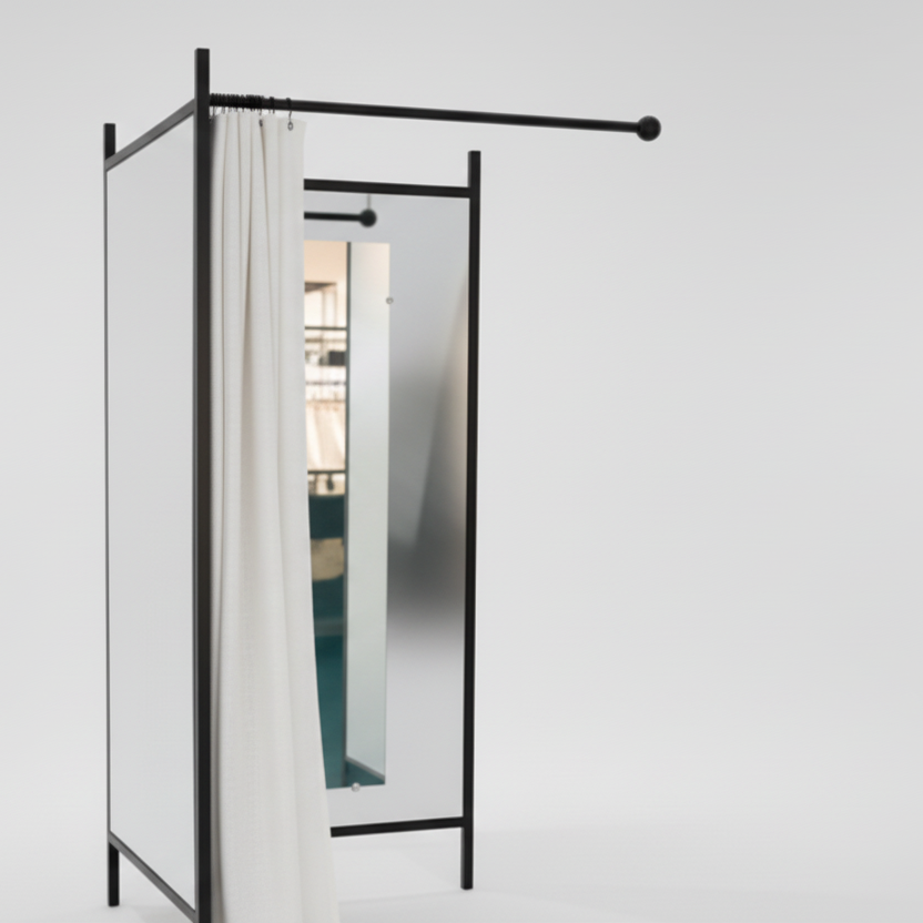 2-sidigt provrum. Sæt med stel i sort, inkl. 1 forhæng i hvid, plade i hvid. B 100 x D100 x H 210 cm.