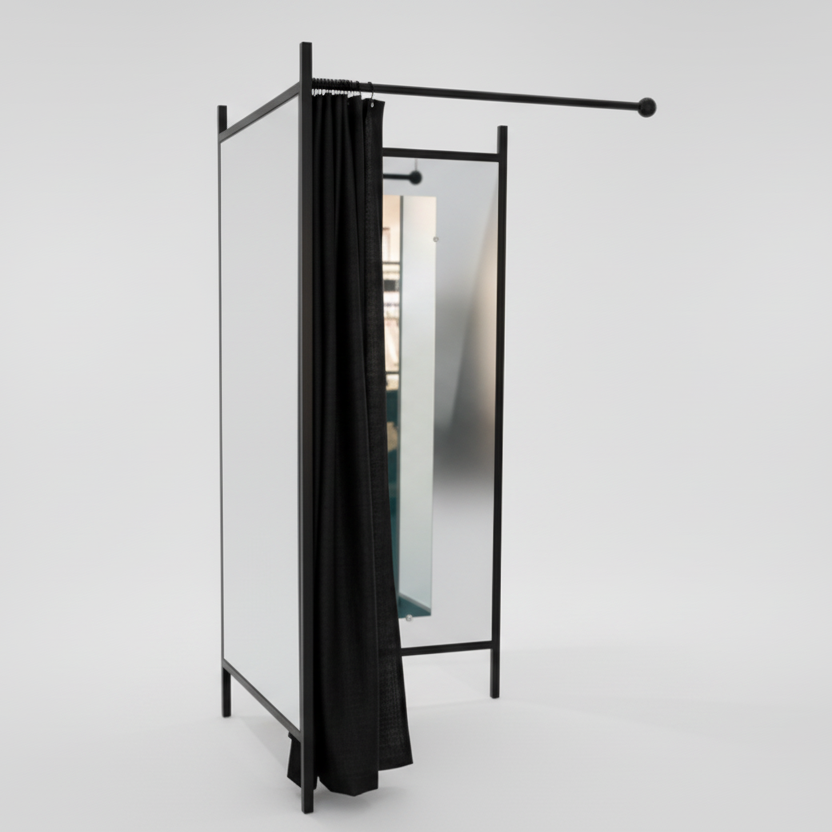 2-sidigt provrum. Set med stel i svart, inkl. 1 svart gardin, platta i vit. B 100 x D100 x H 210 cm.