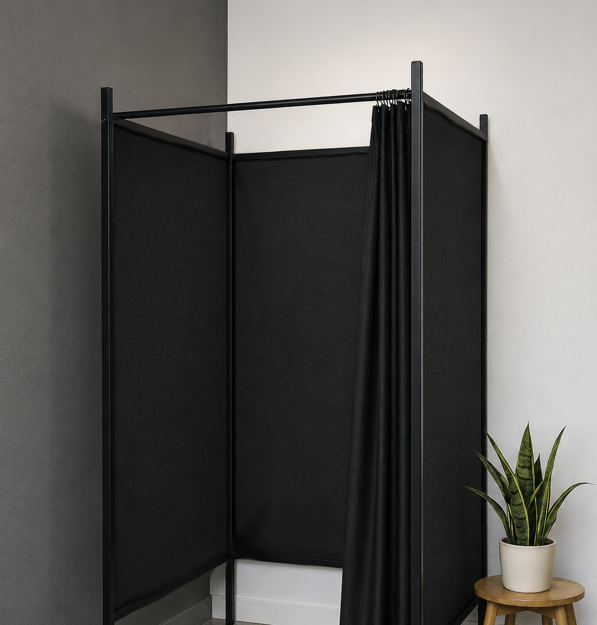 Flex, provhytt, 3 sidor, U-formad 100 x 100 cm. Stomme i svart, inkl. 1 svart draperi, TYGSIDOR i svart, 100 x 100 cm.