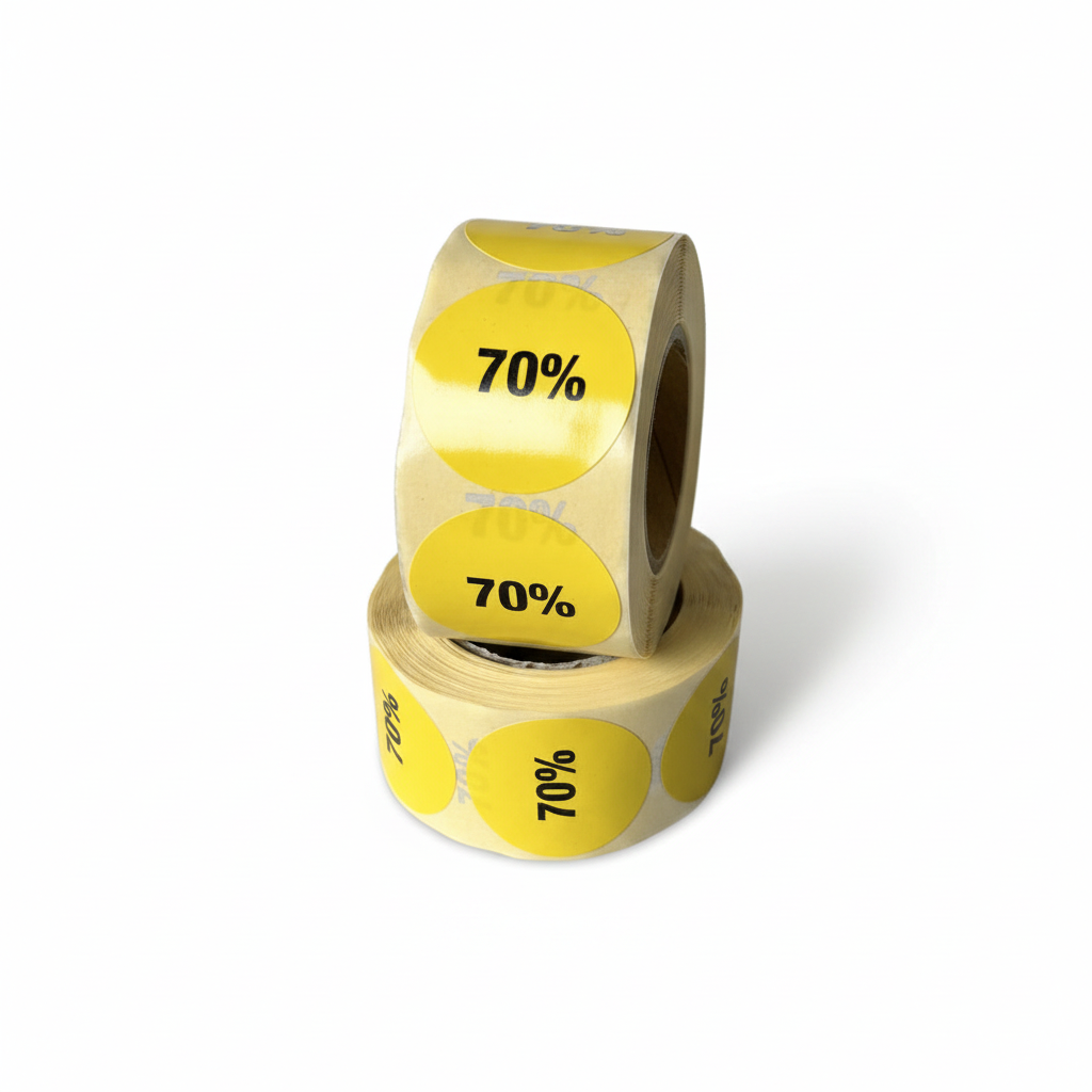 Gult rabattmärke 70%. Rulle med 500 st. Ø 30 mm.