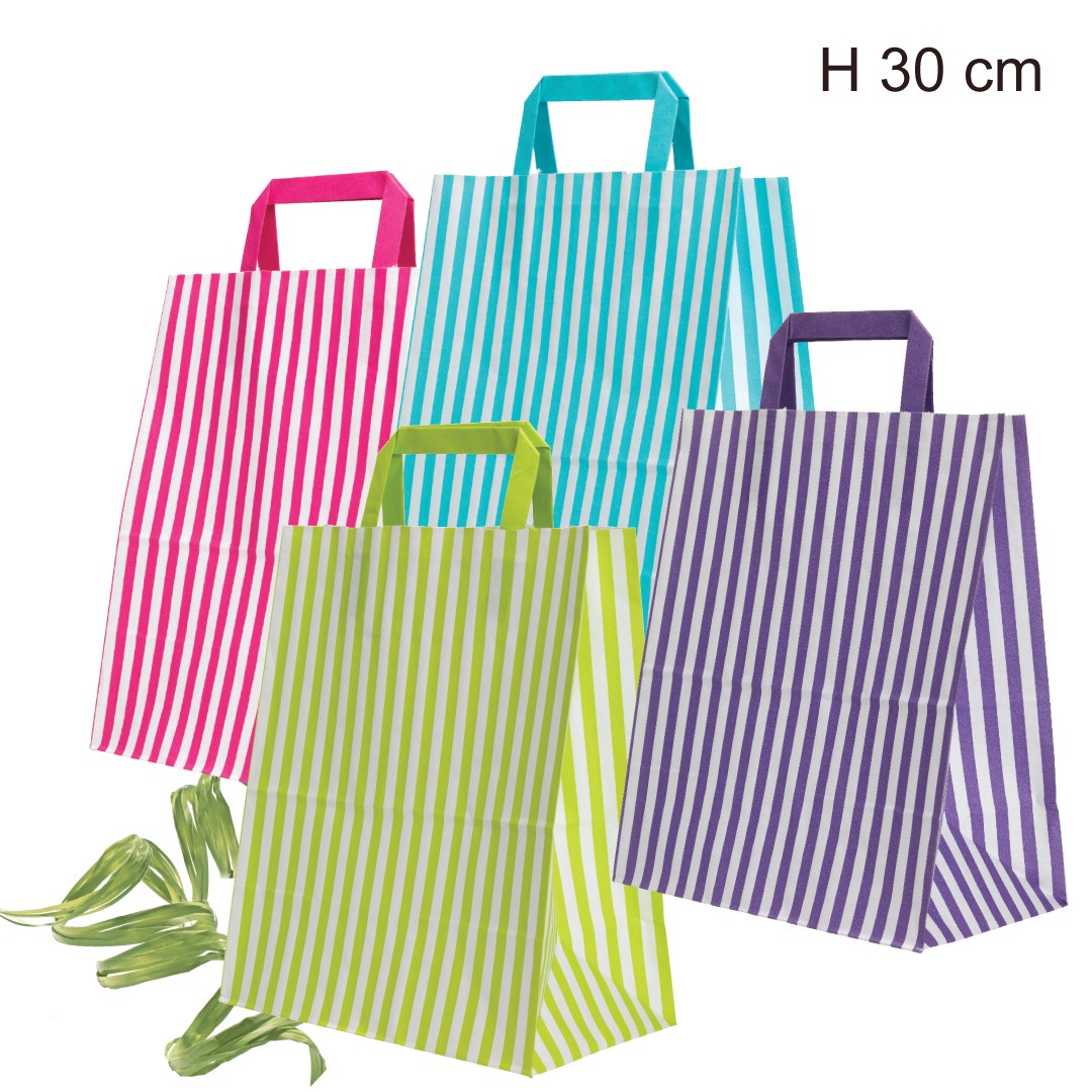 Papperspåse, randig, limegrön, B 25 x D/SF 14 x H 30 cm, förp. med 50 st., 80 gram