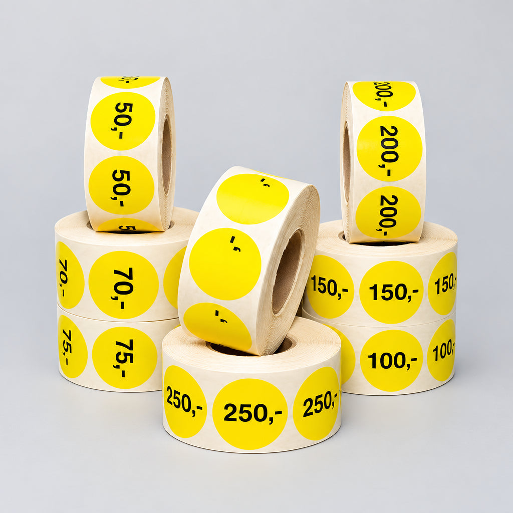 Gula etiketter med fast belopp - 1 000 st. Välj belopp