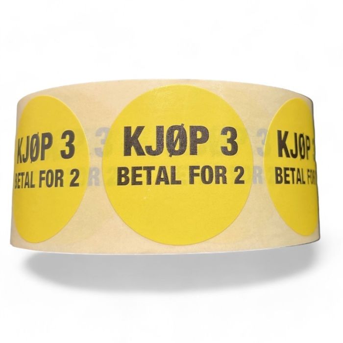 Etikett köp 3 betala för 2, gul, rulle med 1000 st.