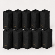 10 svarta kollektionspåsar med dragsko och egen logotyp