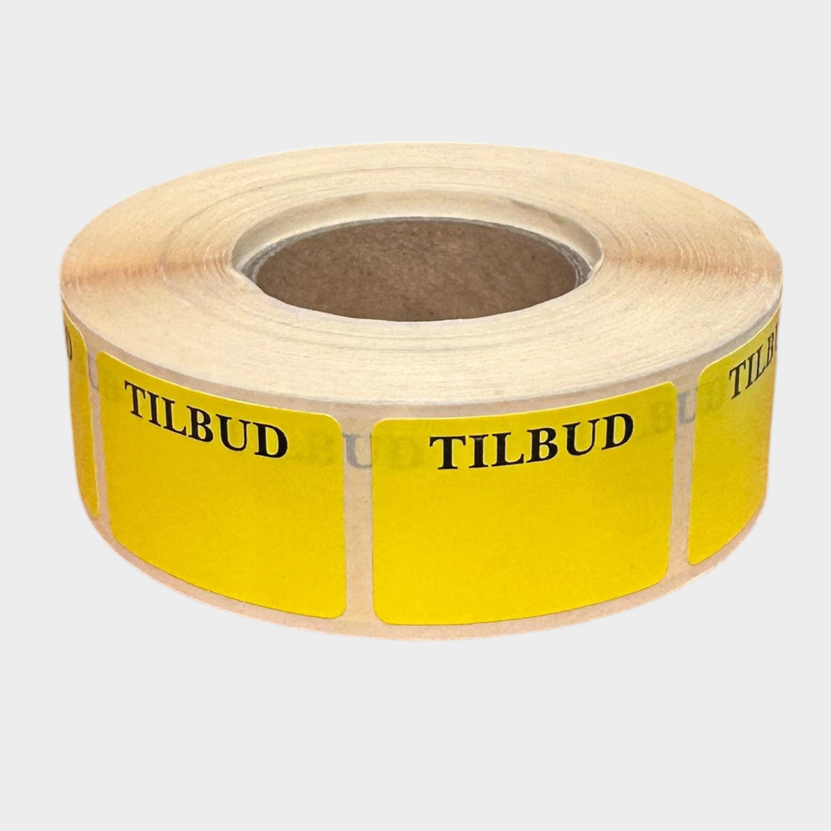 Rulle gule tilbuds mærker med teksten TILBUD, set skråt