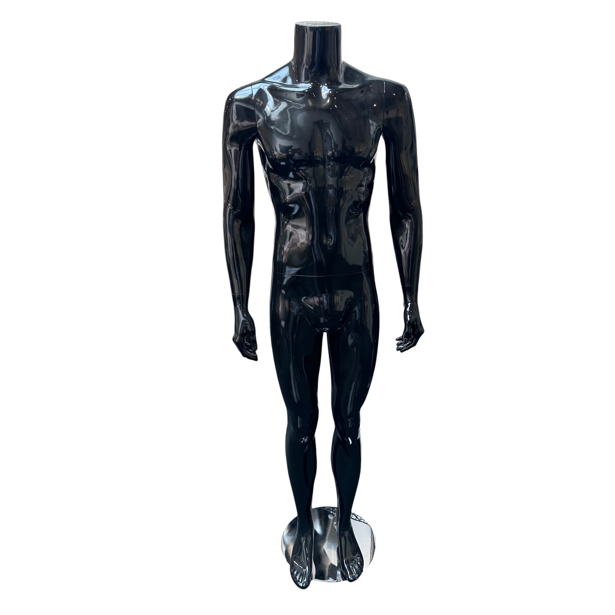 Manlig familjemannequin. Svart högblank utan huvud. Rund glasfot. H175 cm. Modell B - står rakt