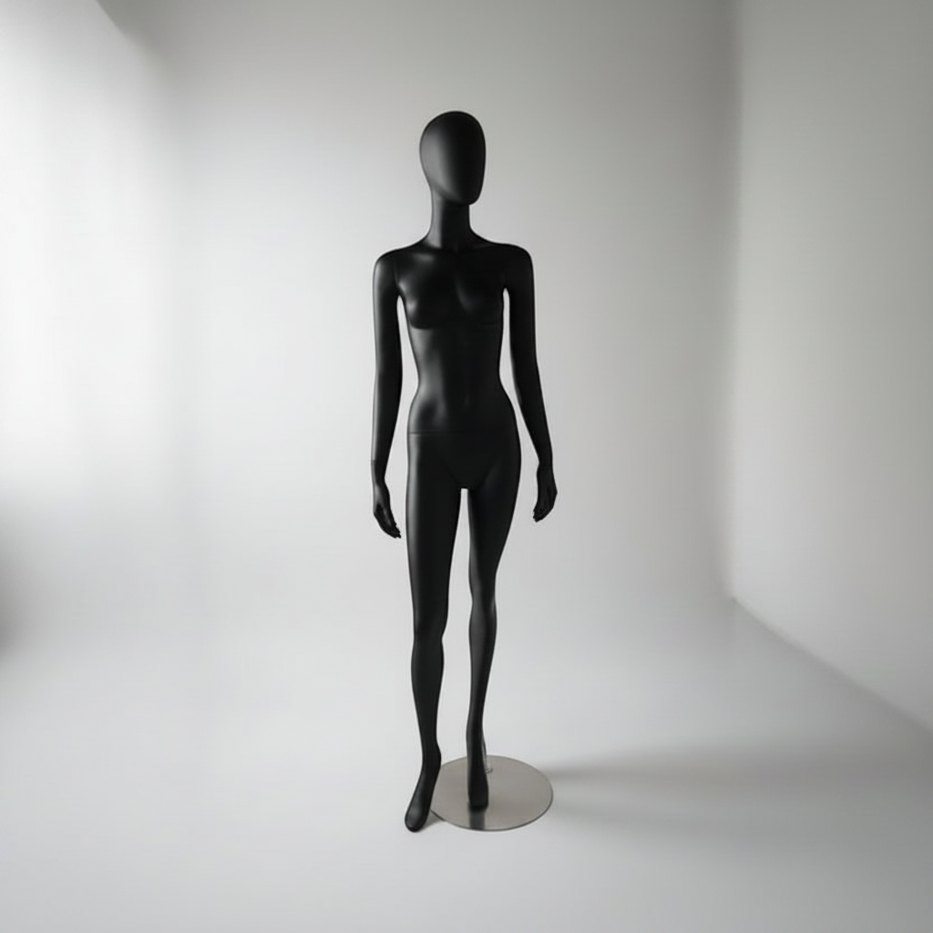 1300 Faceless dammannekäng. Svart med huvud (ägg). Rund metallfot. H 180 cm. Modell B