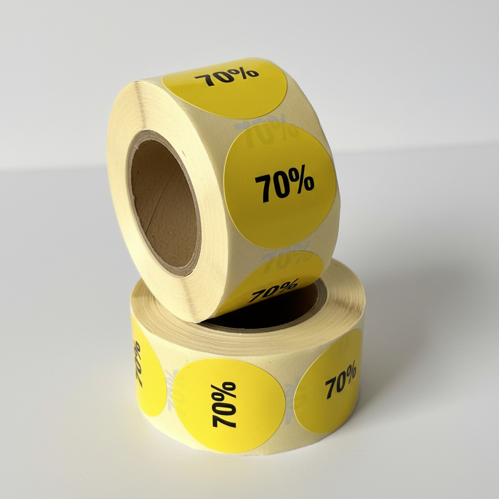 Gult rabattmärke 70%. Rulle med 500 st. Ø 30 mm.