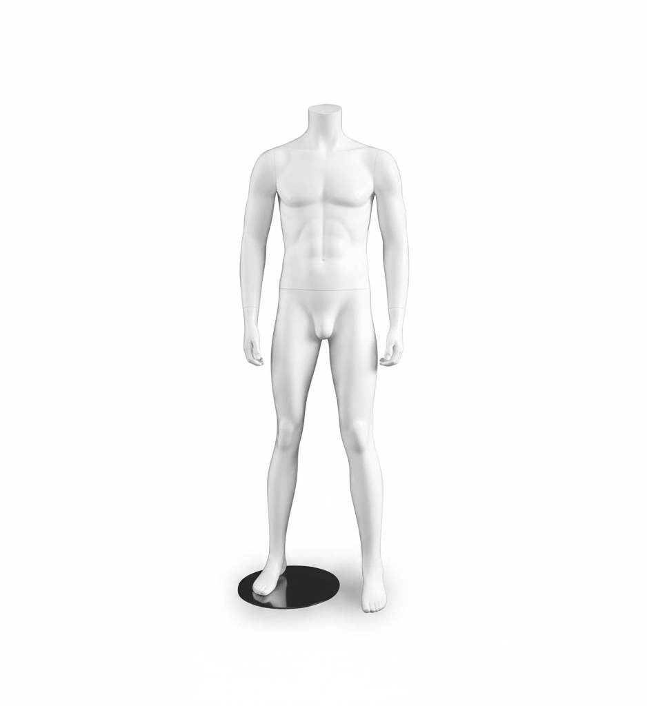 3000 herrdocka. Vit utan huvud. Rund metallfot. H 175 cm. Modell A, står med isärställda ben