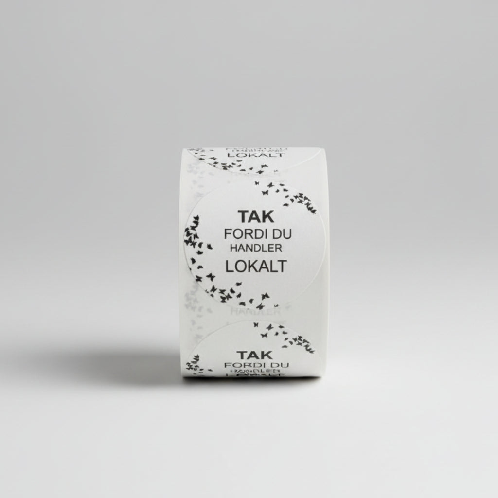 Rund etikett. 500 st. per rulle. TACK FÖR ATT DU HANDLAR LOKALT