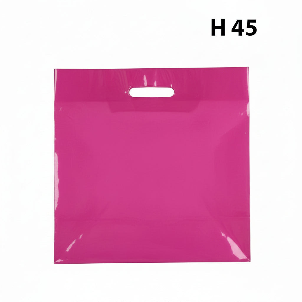 Plastpåse, stor, rosa, förp. med 100 st., 50 mikron, B 56 x D/BF 10 x H 45 cm, förstärkta handtag