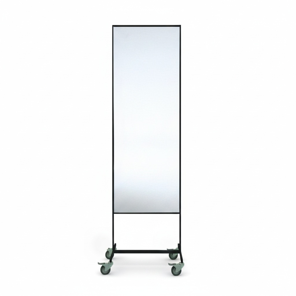 SuperSellerS double-sided floor mirror in black with a rolling stand on four wheels against a white background.