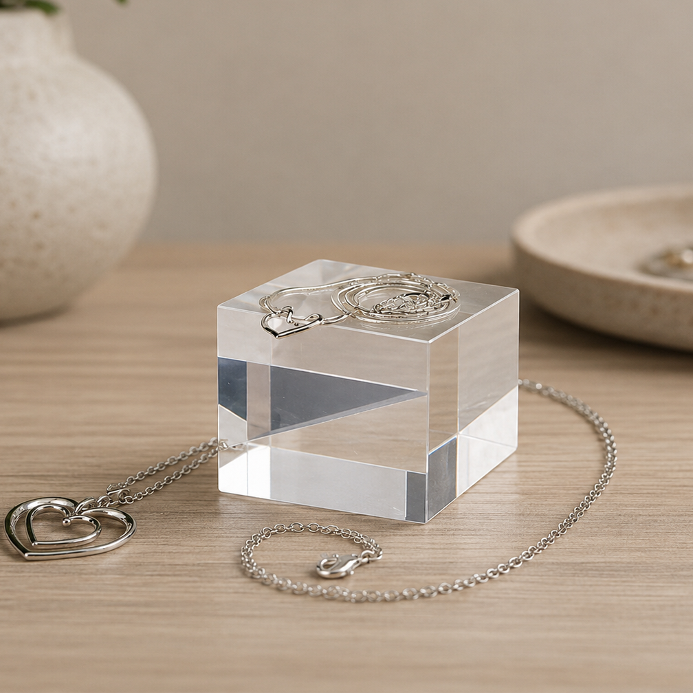 Displayblock, klart akryl, 5 x 5 x H4 cm, för smycken