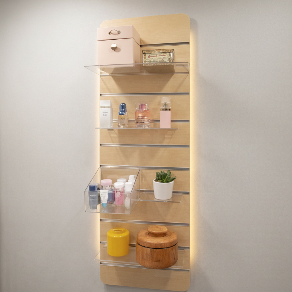 Vägg för småsaker på rillpanel med tillbehör