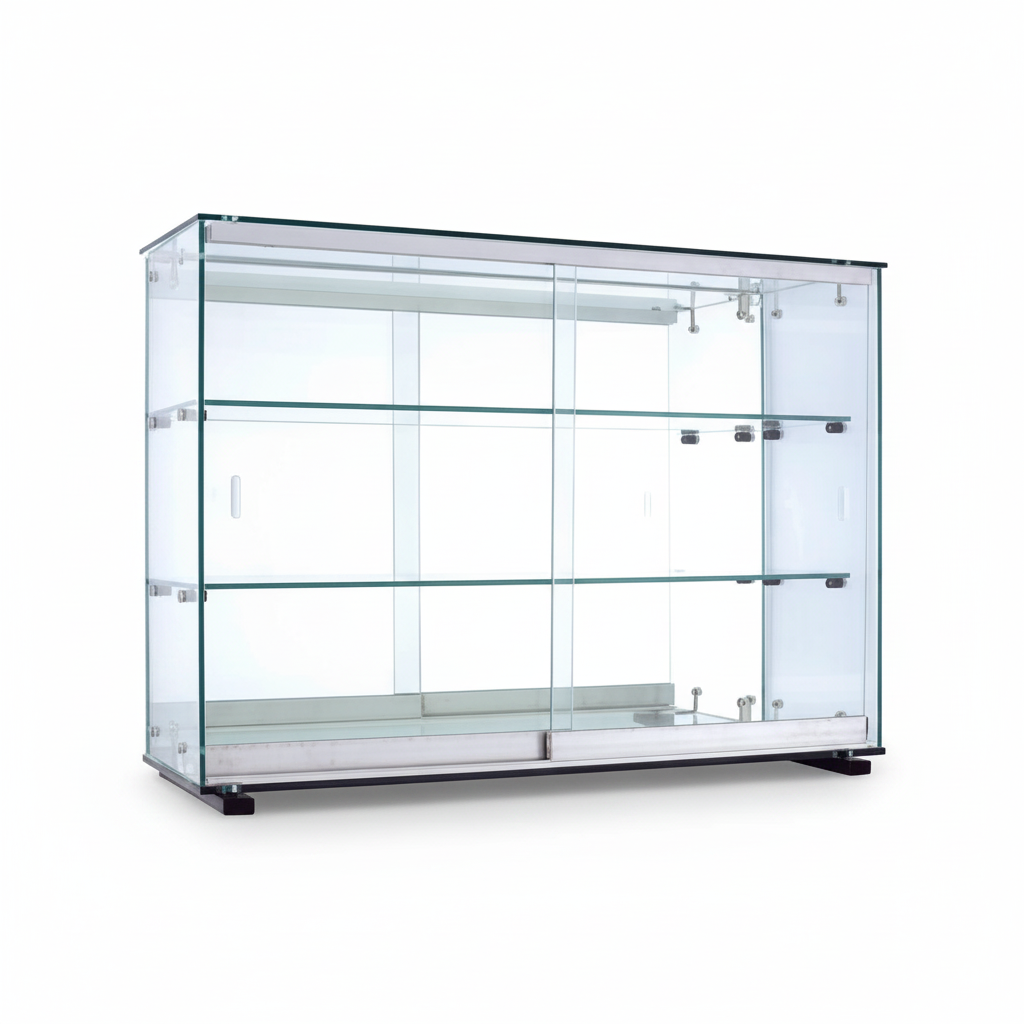 Normandie, vitrinskåp, bred, mellan, med härdat glas, inkl. 2 hyllor, skjutdörrar, spegelbakstycke, 78 x 25 x 55 cm