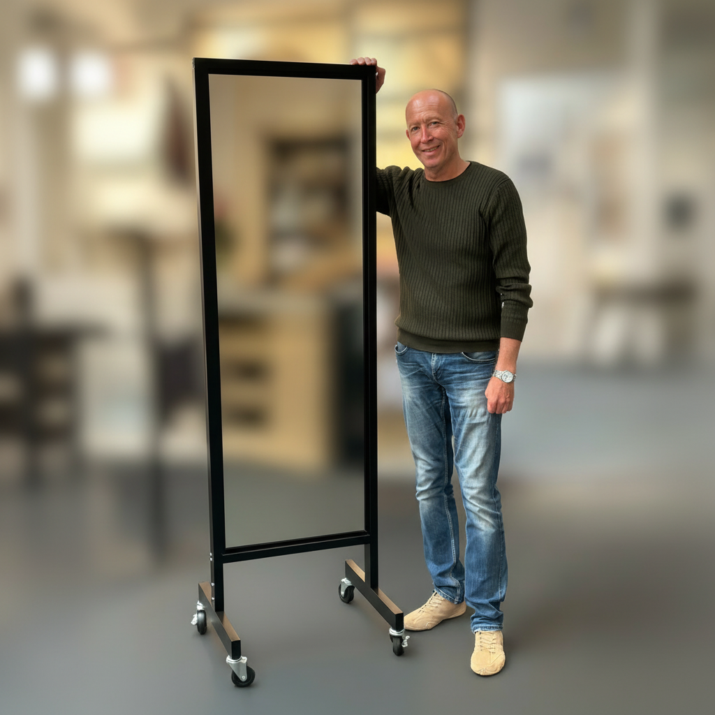 Gulvspejl - Dobbelt rullespejl - Sort. Kraftig model