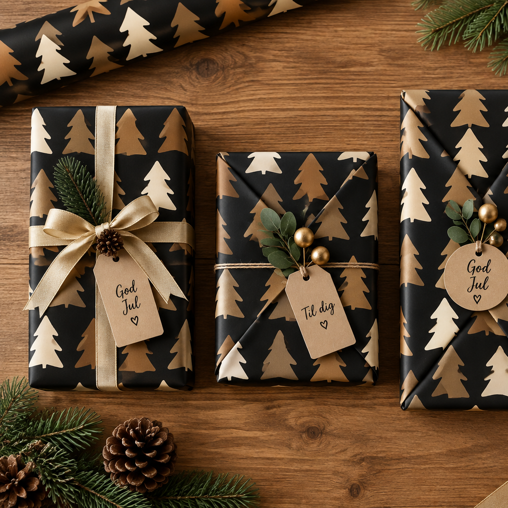 Presentpapper, jul, svart med guld, beige och koppar julgranar. B 50 cm x 50 mtr.