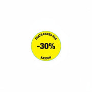 Gult rabattrmärke 30%. Rulle med 500 st. Ø 30 mm.