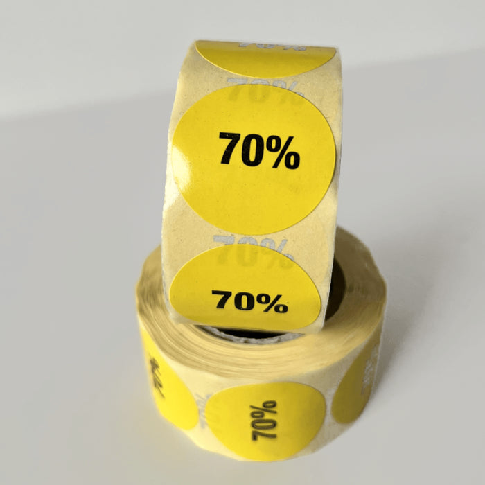 Gult rabattmärke 70%. Rulle med 500 st. Ø 30 mm.