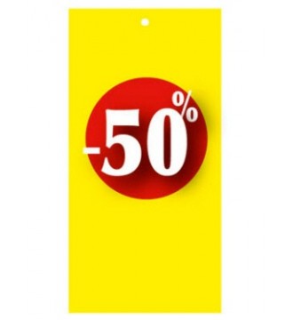 Rabattmärke 30% i etikettform för textilpistol, gul