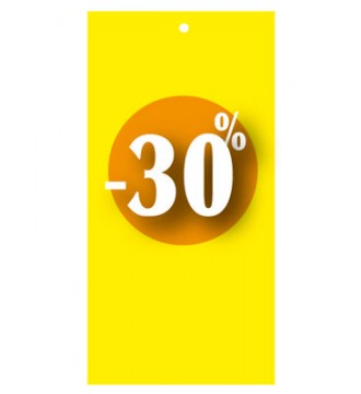 Rabattmärke 30% i etikettform för textilpistol, gul