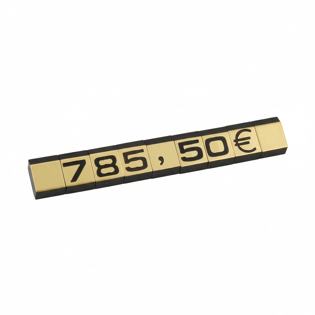 Prisetiketset, 360 st. m/ stativ. Guld L7 x H9.5 mm.