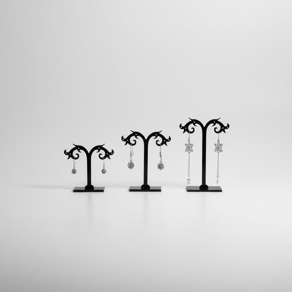 Örhängesdisplay (set a 3 st.) Svart akryl. H 11,5 - 9,5 och 7,5 cm