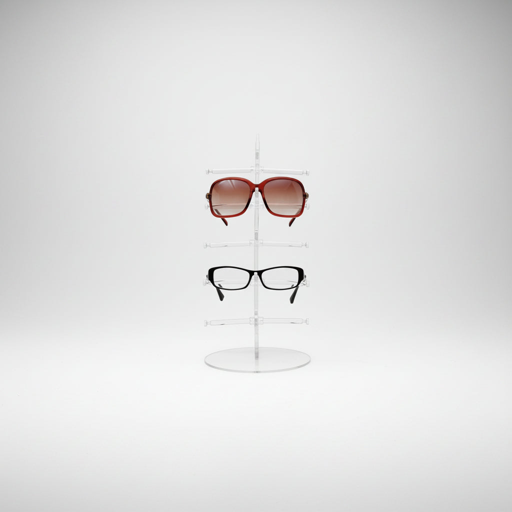 Brilldisplay på fot. Transparent t 5 glasögon. L 16 x B 10,5 x H 34 cm