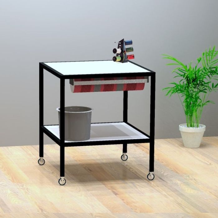 Luton, pakkebord, på hjul med hvid melaminplader, sort stel, 80 x 80 x H80 cm. Med tilbehør