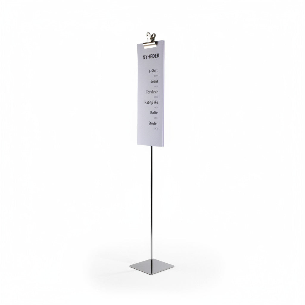 Skilteholder, med klemme, krom, fodplade 10 x 10 cm, H73 cm