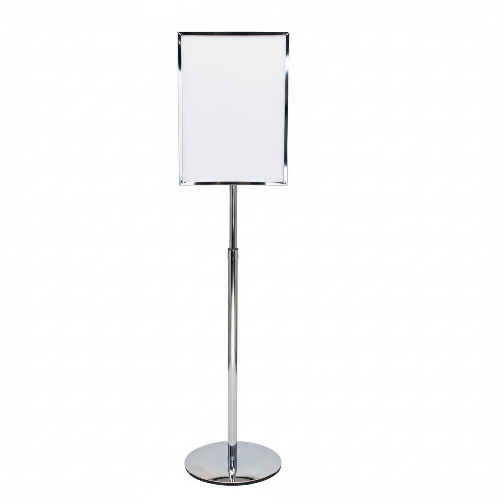 Skylt- / info-ställ, krom. Inkl. A3-ram, H66-132 cm
