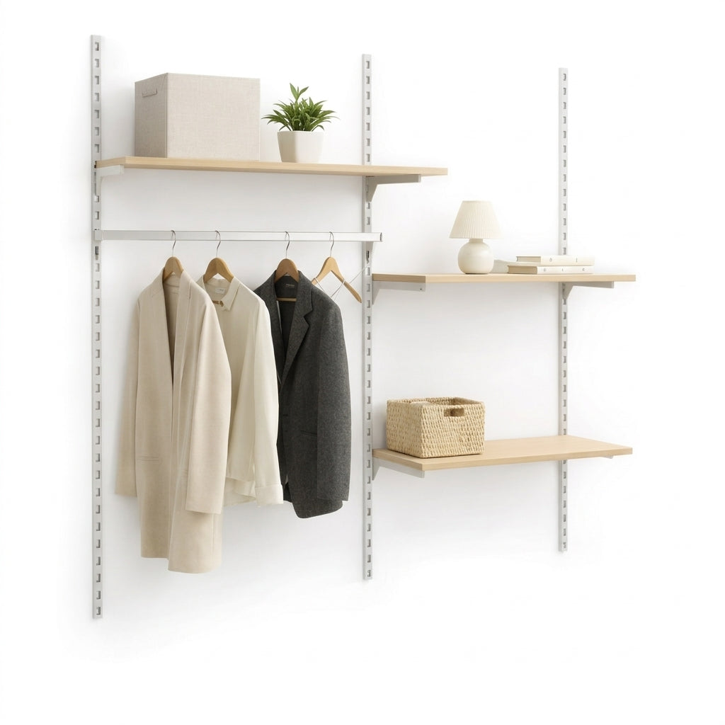 Väggsats med Framework-skenor i vitt, hyllor i bok och klädstång. Mått: ca. 185 x H244 cm. Som visat. Entré, garderob och walk-in.