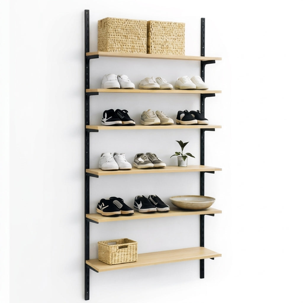 Väggsats med Framework skenor i svart, hyllor i lönn. Mått: ca. 94 x H244 cm. Som visas. Hyllvaror, skor, Skafferi, Prepper och förvaring