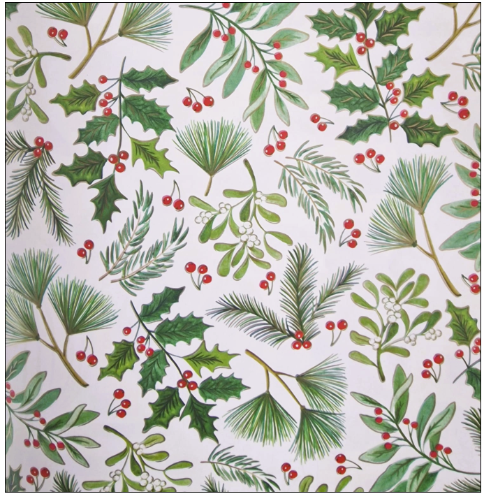 Julpapper med kristtorn och grangrenar. B50 cm x 50 mtr.