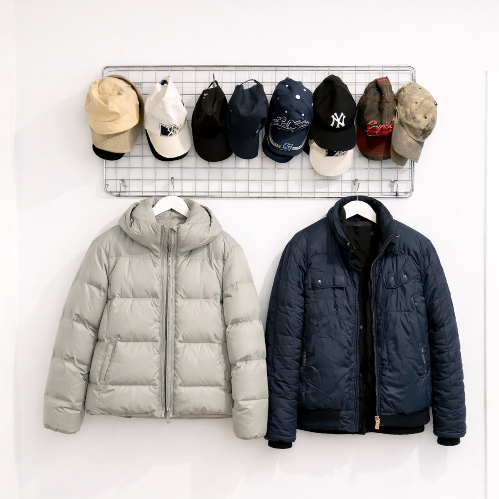 Hvidt vægsæt med gitter og kroge til garderobe
