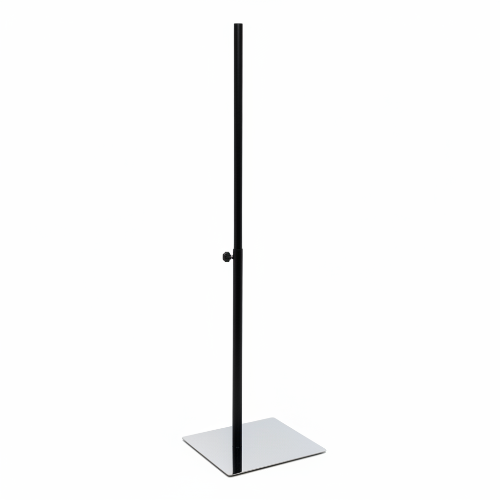 Fotplatta i metall 28,5 x 33 cm, krom, med teleskopstång, H70-116 cm, Ø 25 mm, svart.
