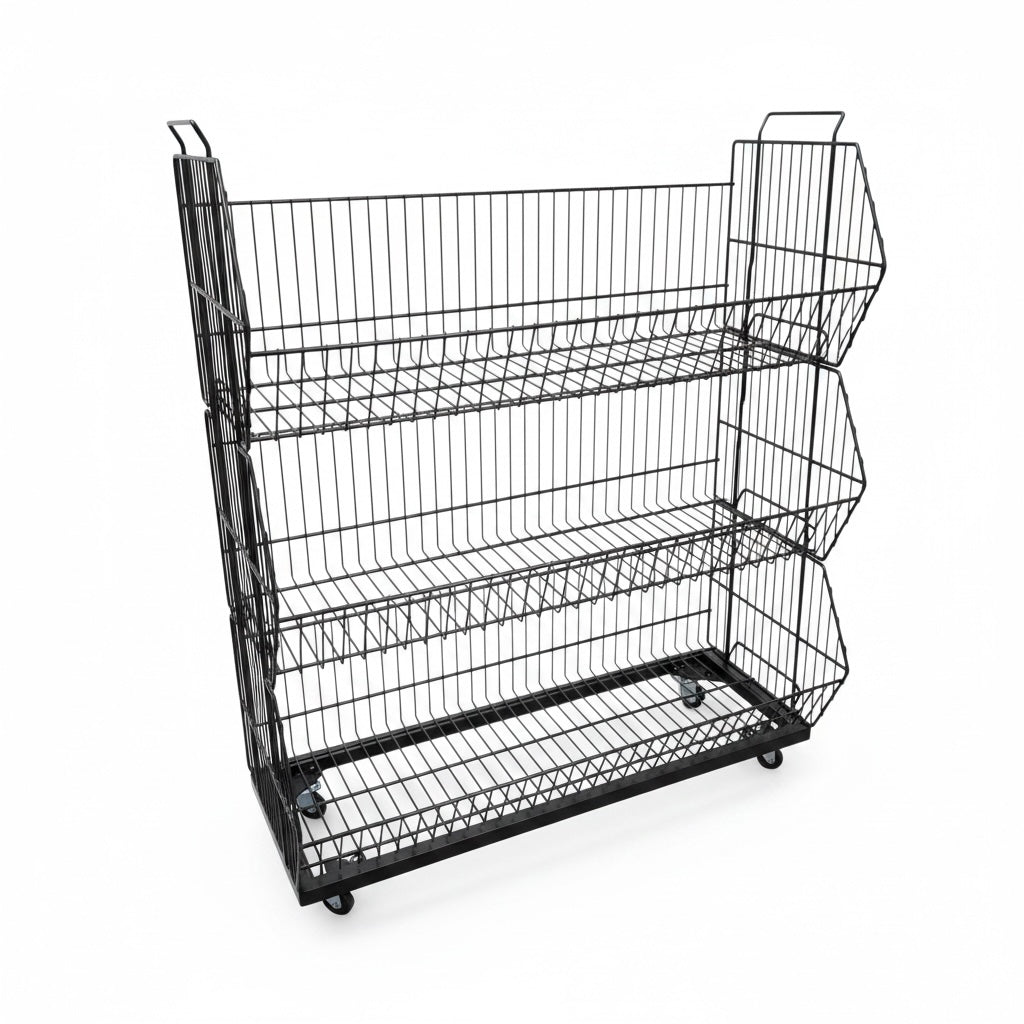 Stapelbar korg med 3 korgar och hjul – matt svart, 81 x 43 x H100 cm
