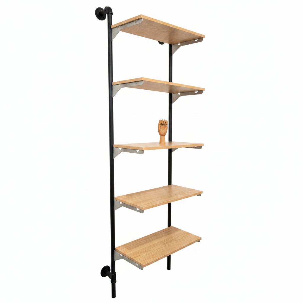 Väggset med Iron Pipe, 2:a sortering, hyllor i bok. Mått: 65 x H 230 cm. Som visat. Entré, garderob och Walk-in.