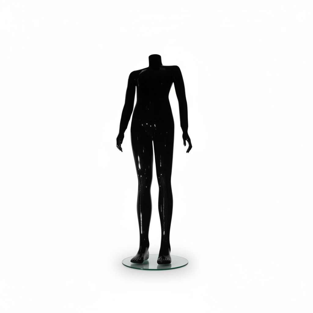 Familje barnmannequin. Svart högblank. 12–14 år. H 140 cm. Rund glasfotplatta