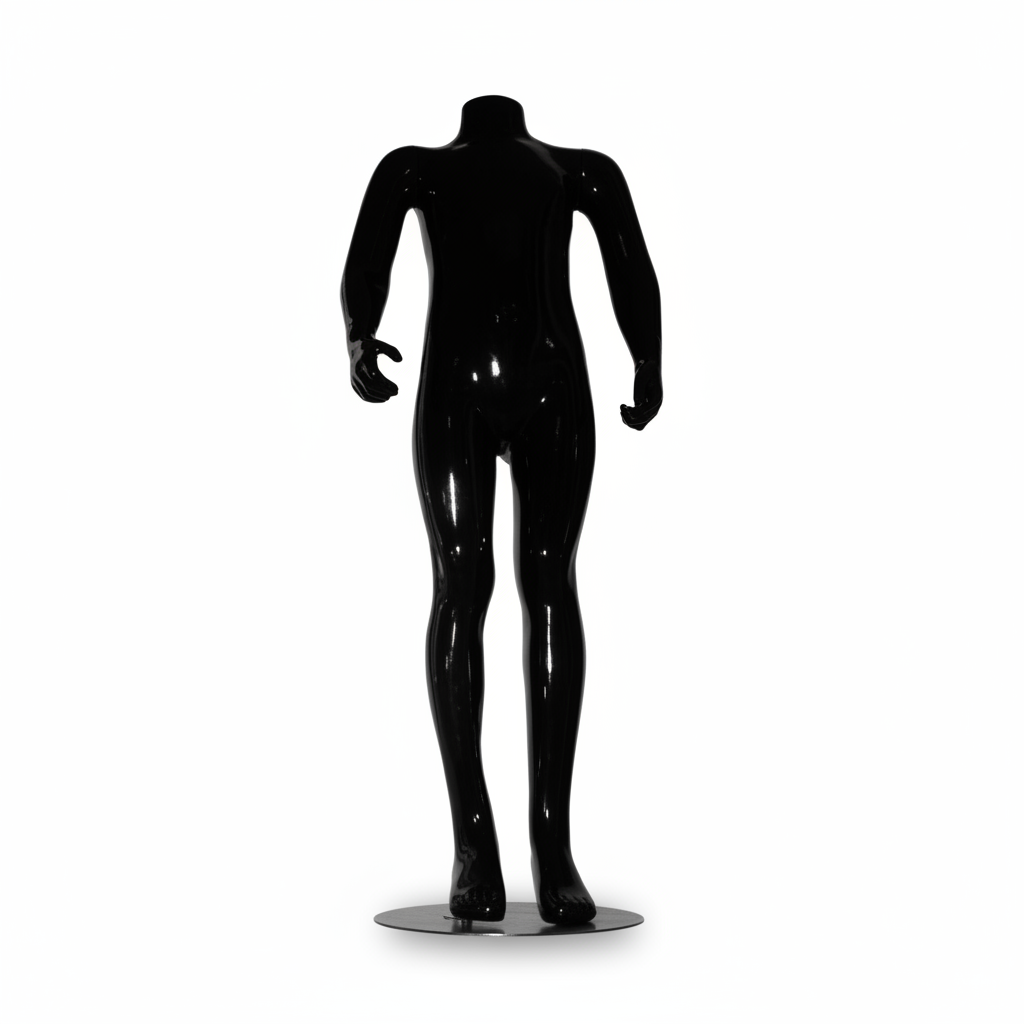 Familje barnmannekäng. Svart högblank utan huvud. 8–10 år. H 114 cm. Rund glaspublikfot