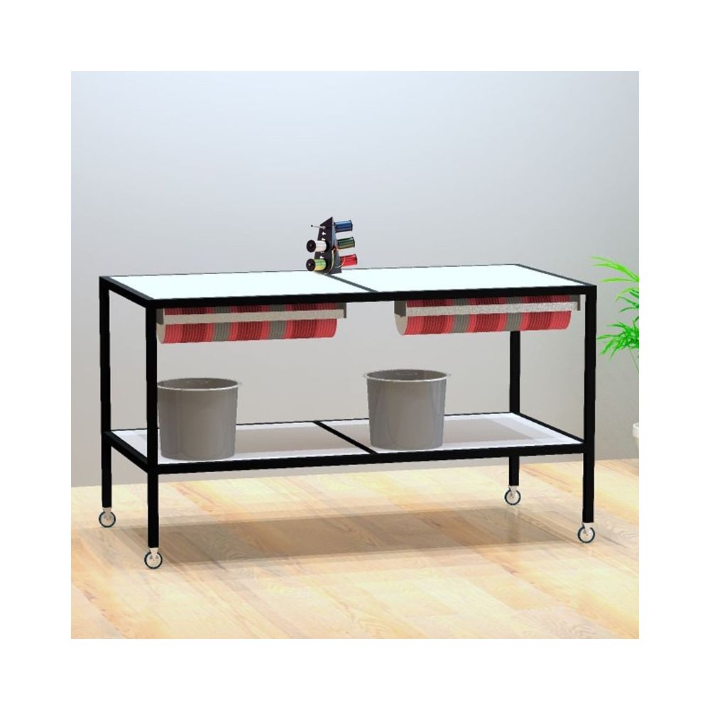 Luton, pakkebord, på hjul med hvid melaminplader, sort stel, 160 x 80 x H80 cm. Med tilbehør