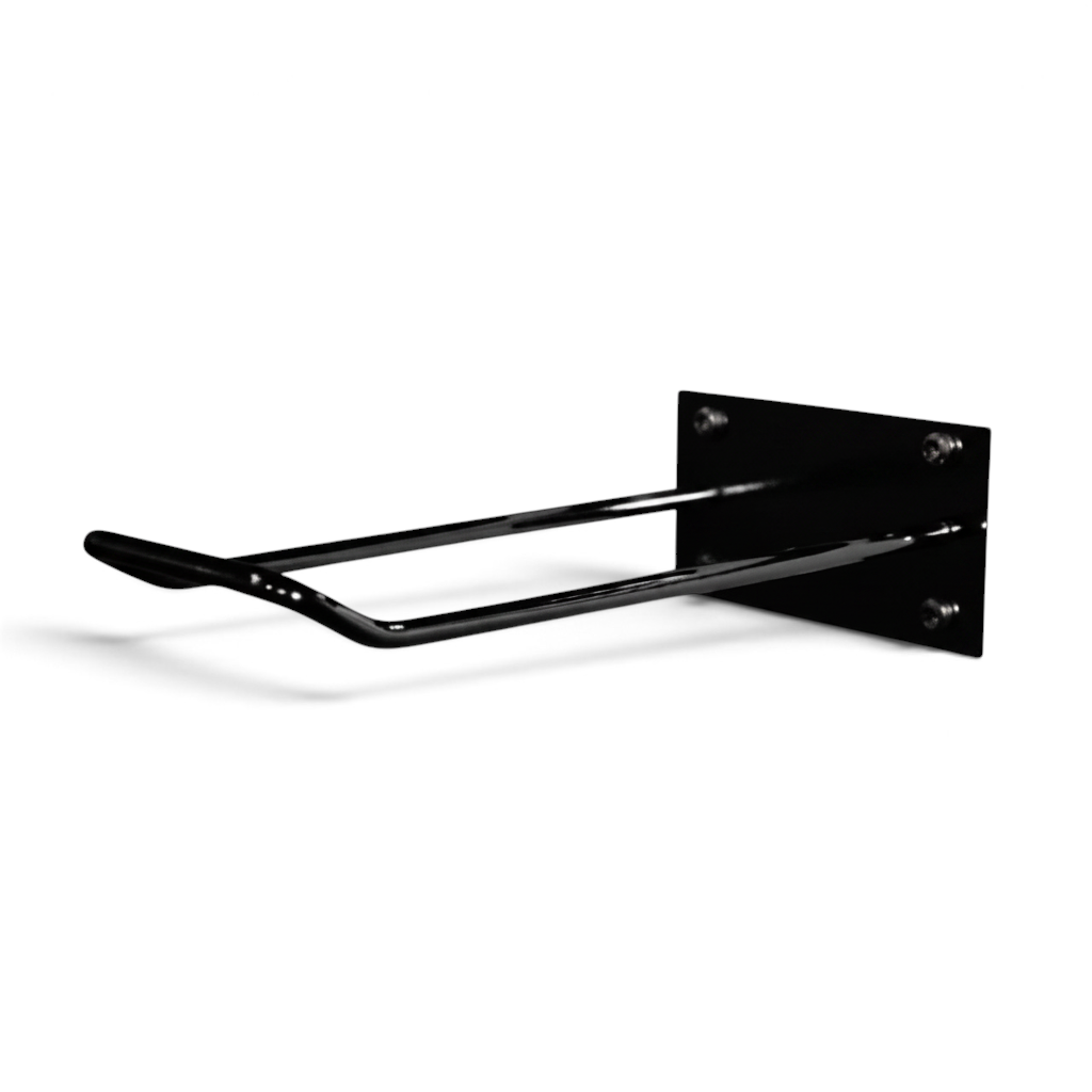 Sort SuperSellerS bæreposeholder til væg eller disk, 15 cm lang, fremstillet i metal med fire skruehuller.