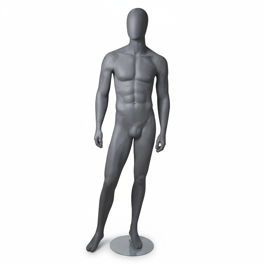 1600 Faceless herremannequin. Grå matt med Faceless huvud. H184 cm. Metallfotplatta