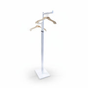 SuperSellerS adjustable white floor clothing rack with two straight chrome arms and wooden hangers