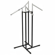 SuperSellerS height-adjustable clothing display rack with four chrome slanted arms and a black square base
