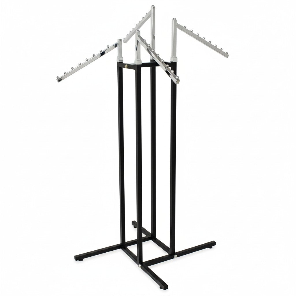 SuperSellerS height-adjustable clothing display rack with four chrome slanted arms and a black square base